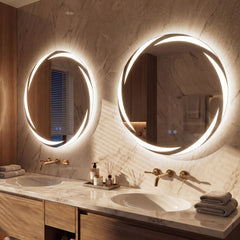 Two 70 cm Round LED Bathroom Mirrors with Memory Function illuminated above twin sinks