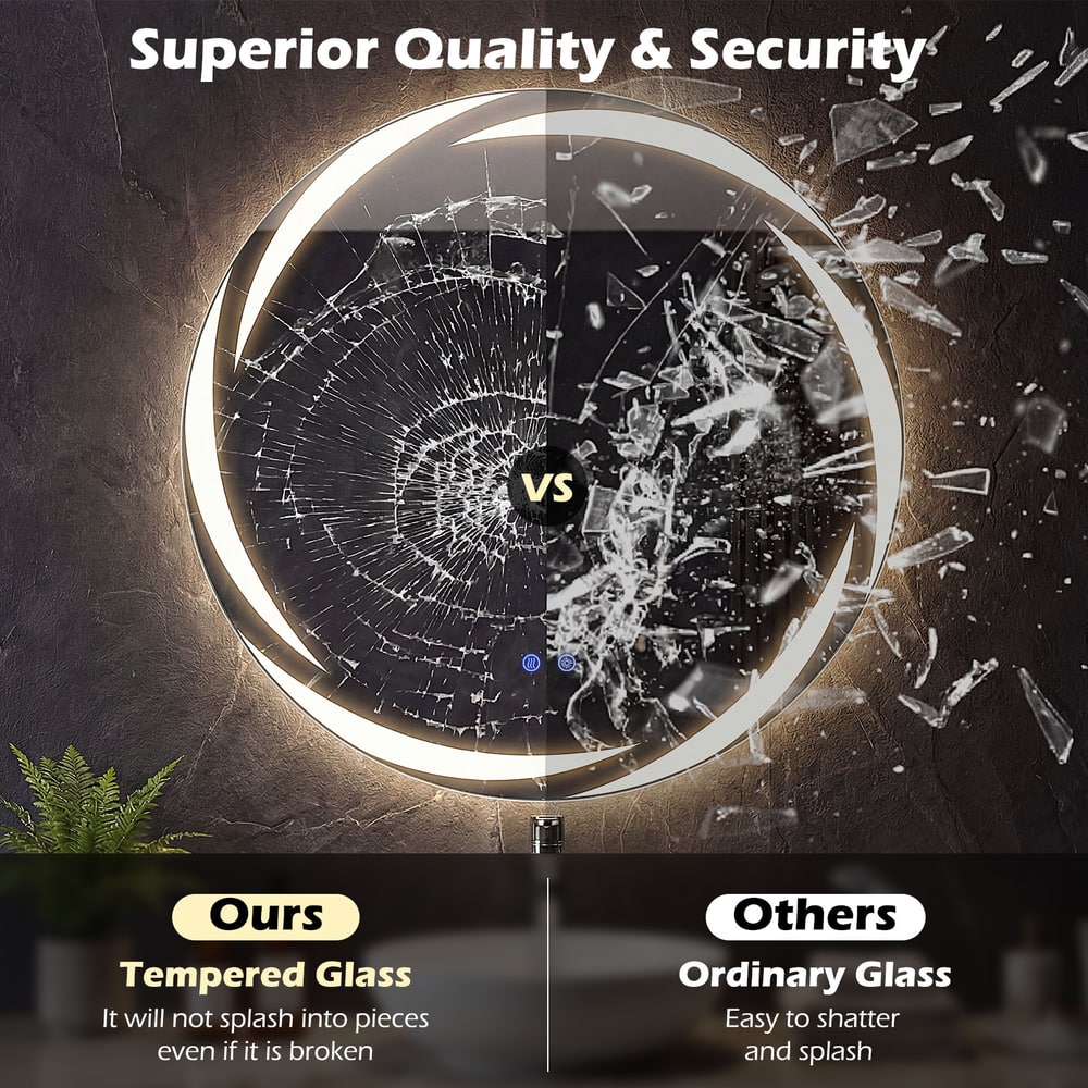 The round LED mirror showing tempered glass versus ordinary glass comparison
