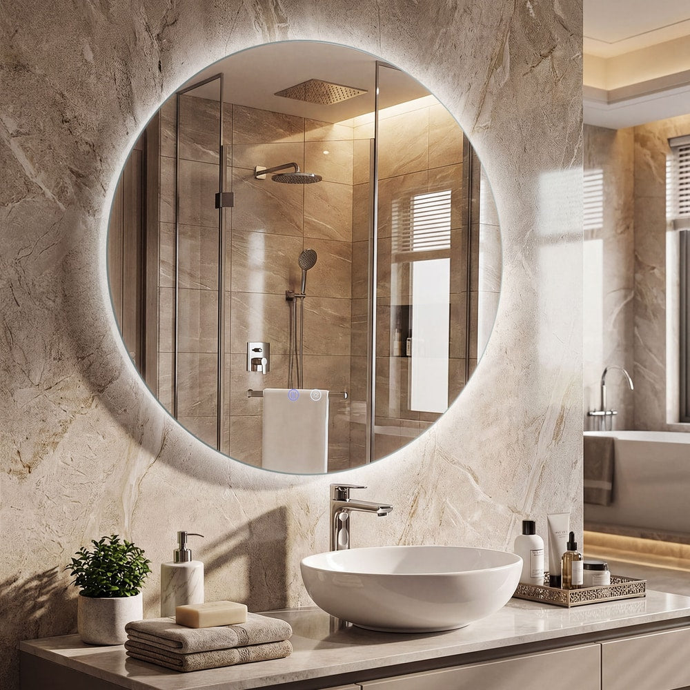 The round LED lighted mirror is on in a modern bathroom above a sink with toiletries