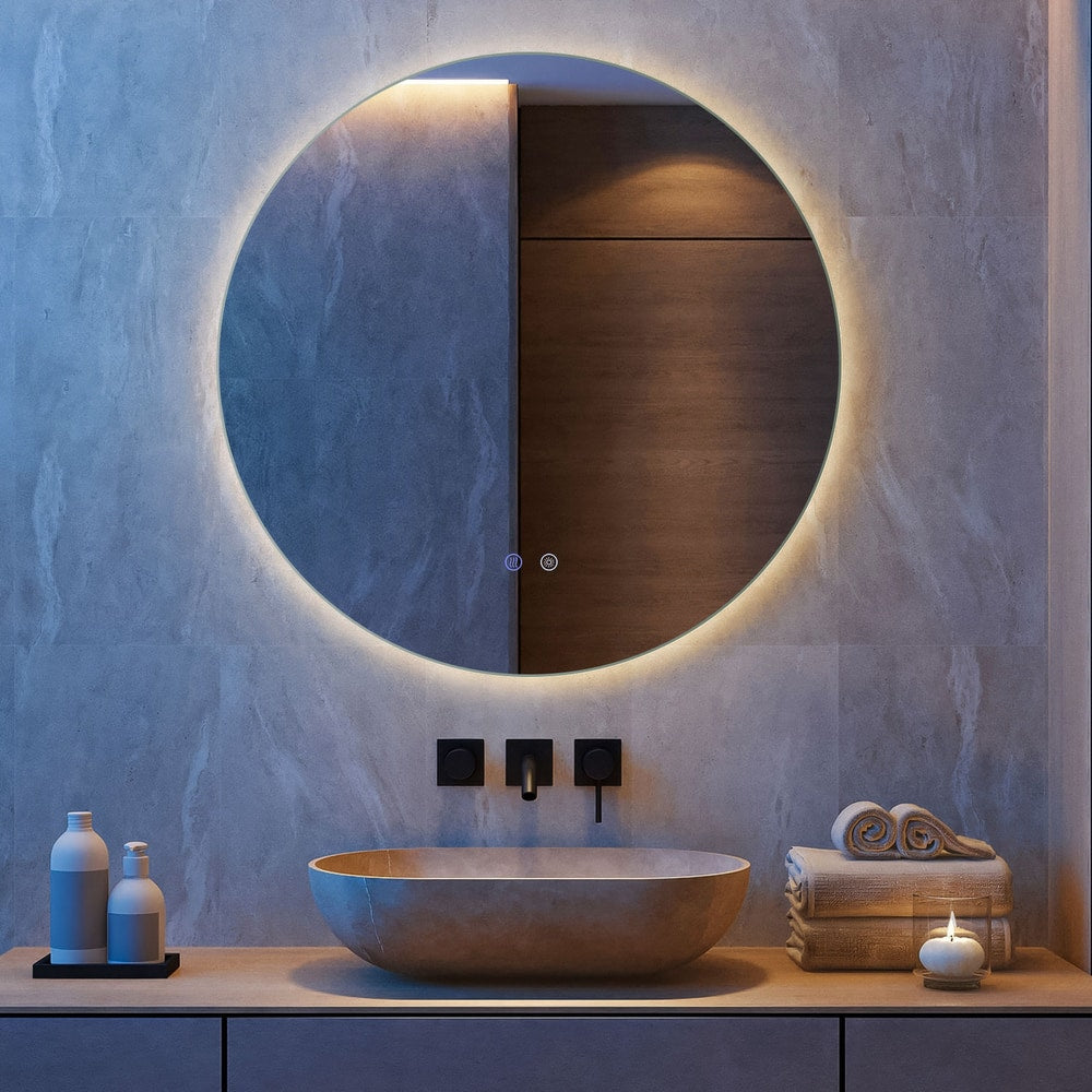 The illuminated round mirror is mounted on a tiled wall above a stone basin