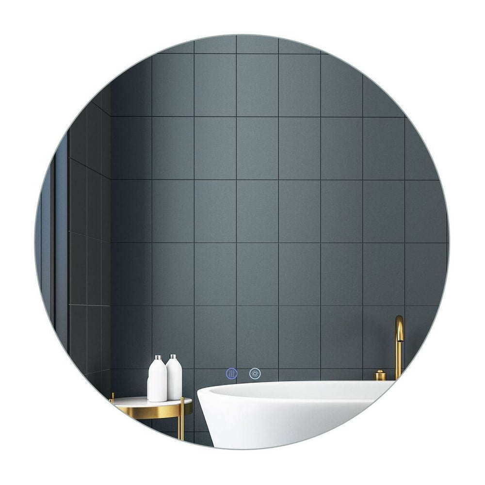 70 cm Round LED Lighted Mirror Wall Mounted Bathroom Mirror with a white bathtub and gold tap