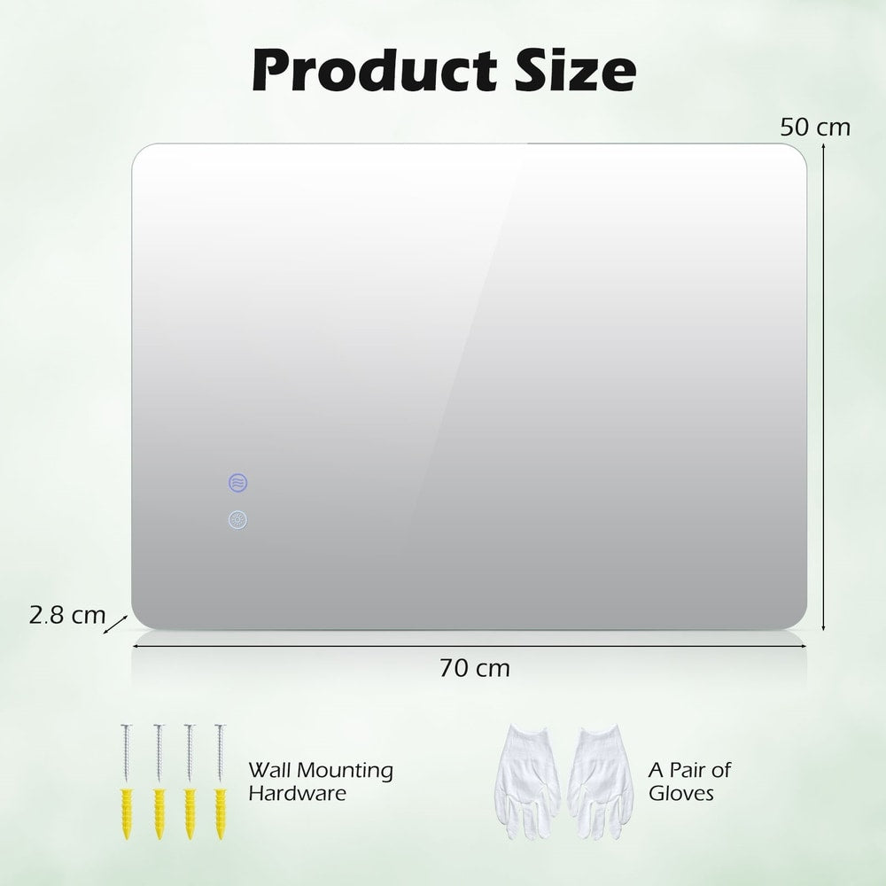 The wall mounted mirror with dimensions and included wall mounting hardware and gloves