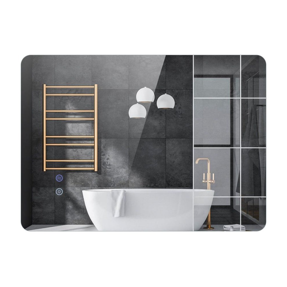 Rectangle LED Lighted Mirror shown in a modern bathroom with a freestanding bath and wooden towel rail