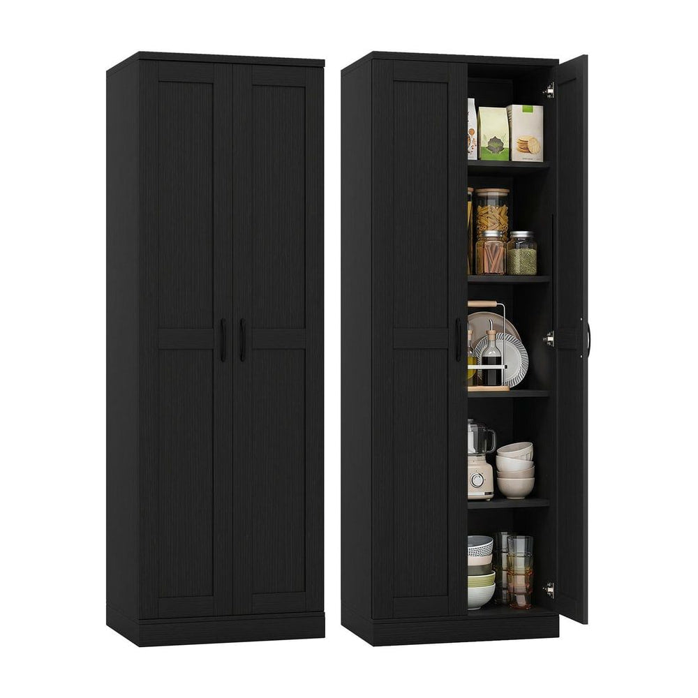 70" Tall Storage Cabinet shown closed and with one door open revealing shelves filled with kitchen items