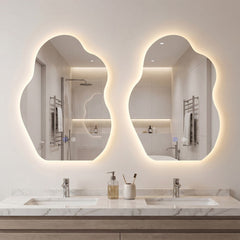Two irregular LED bathroom mirrors with 3 light colors side by side