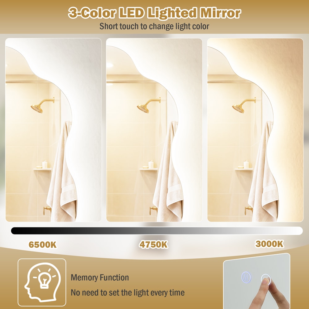 The irregular LED bathroom mirror with 3 light colors, showing its three light color options
