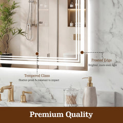 The bathroom mirror showing a close-up of the frosted glass edge and quality details
