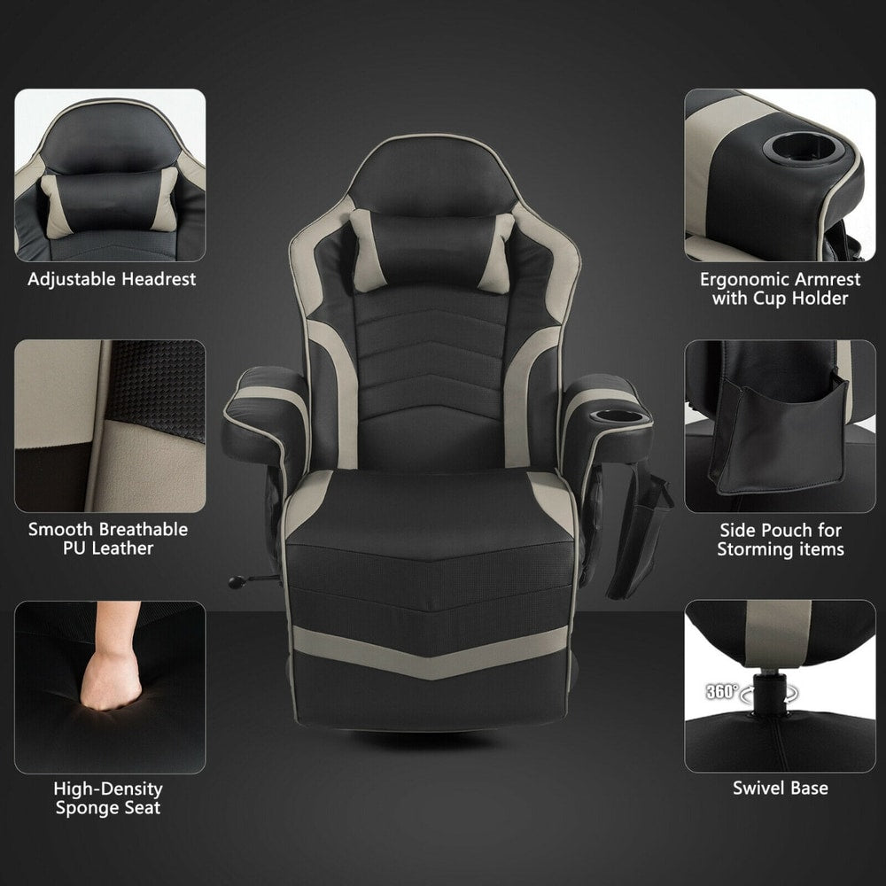 Close up of the gaming chair features including headrest and side pouch