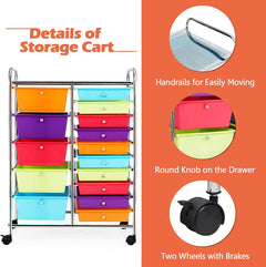15 Drawer Rolling Storage Cart with 4 Wheels for Beauty Salon-Multicolor