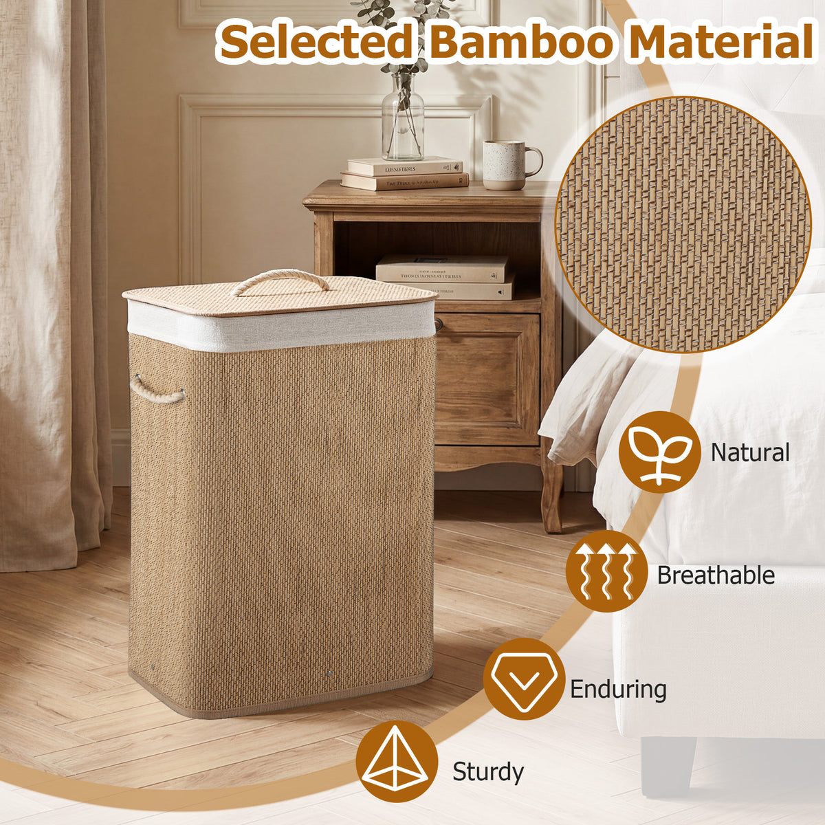 72 L Capacity Bamboo Laundry Hamper with Lid and Removable Liner for Bedroom-Natrual