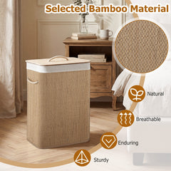 The laundry basket next to a bed with a circular close-up showing the woven material texture