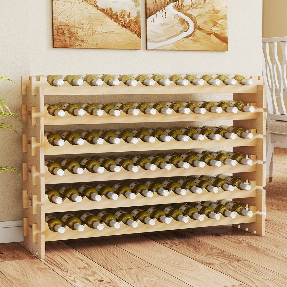 72 Bottles Wine Rack 6-Tier Stackable Wine Storage Stand with Solid Wood Frame-Natural