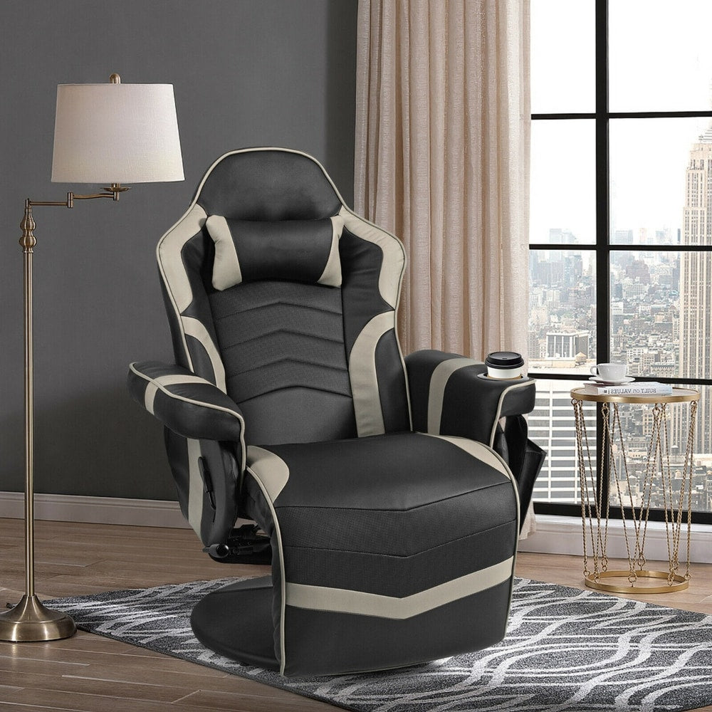 The grey gaming chair in a modern room with a lamp and side table