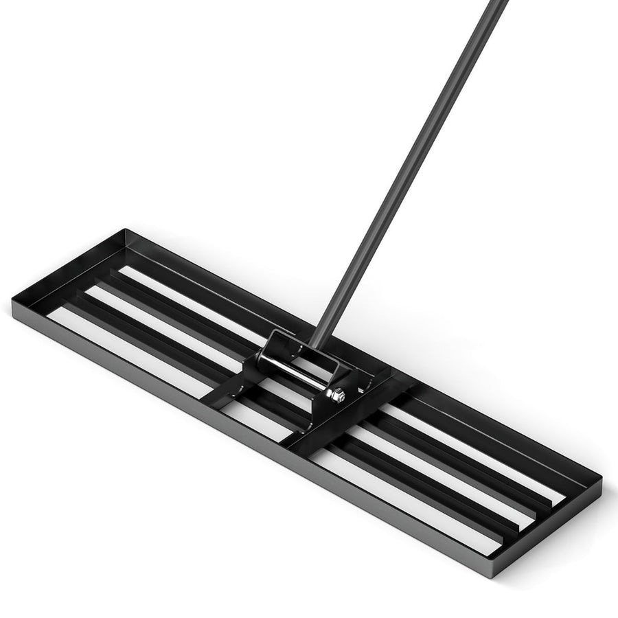 75/91/106 x 25cm Lawn Leveling Rak with Ergonomic Handle, a black metal rake head with a long silver handle