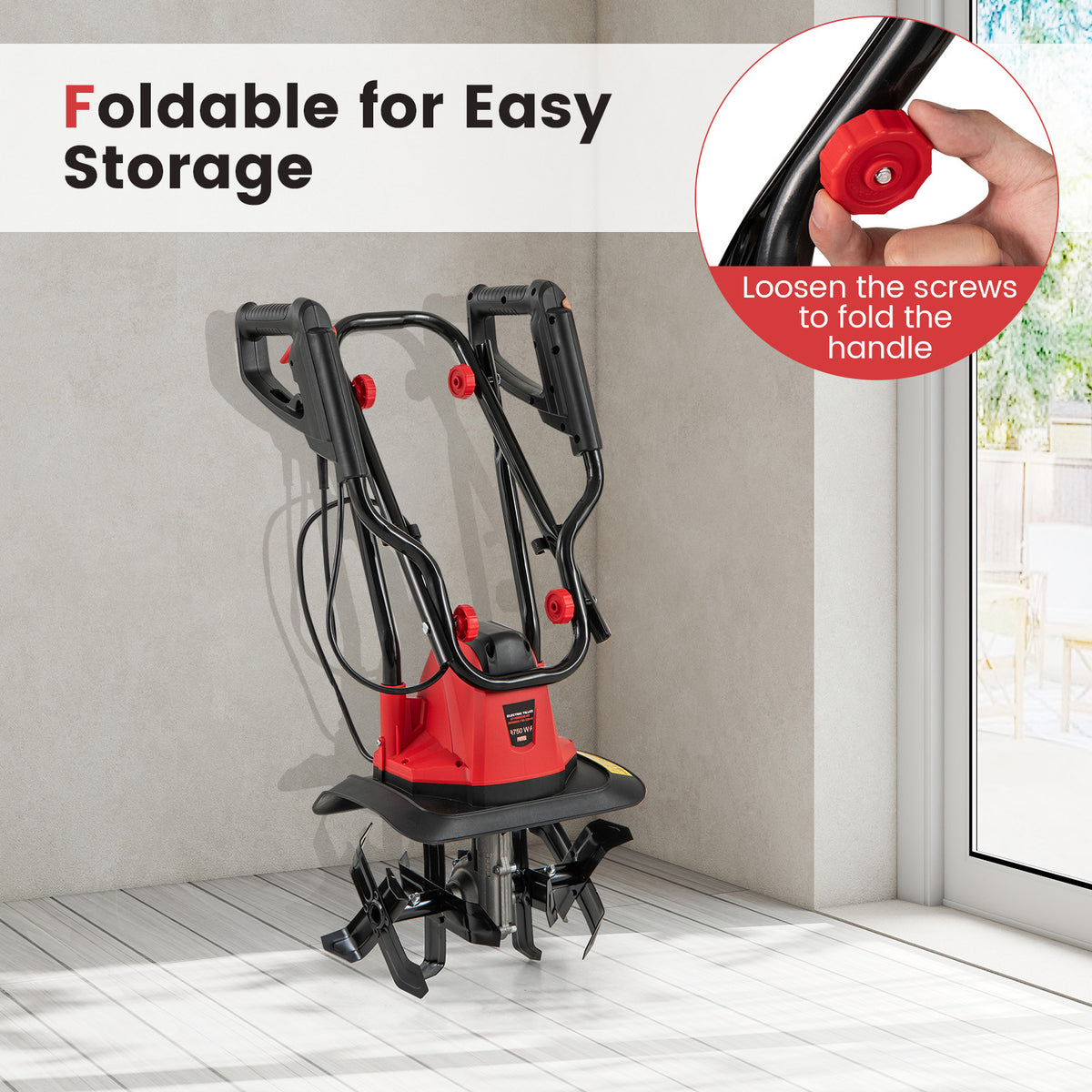 750W Powerful Foldable Garden Rototiller for Lawn Soil Digging-Red