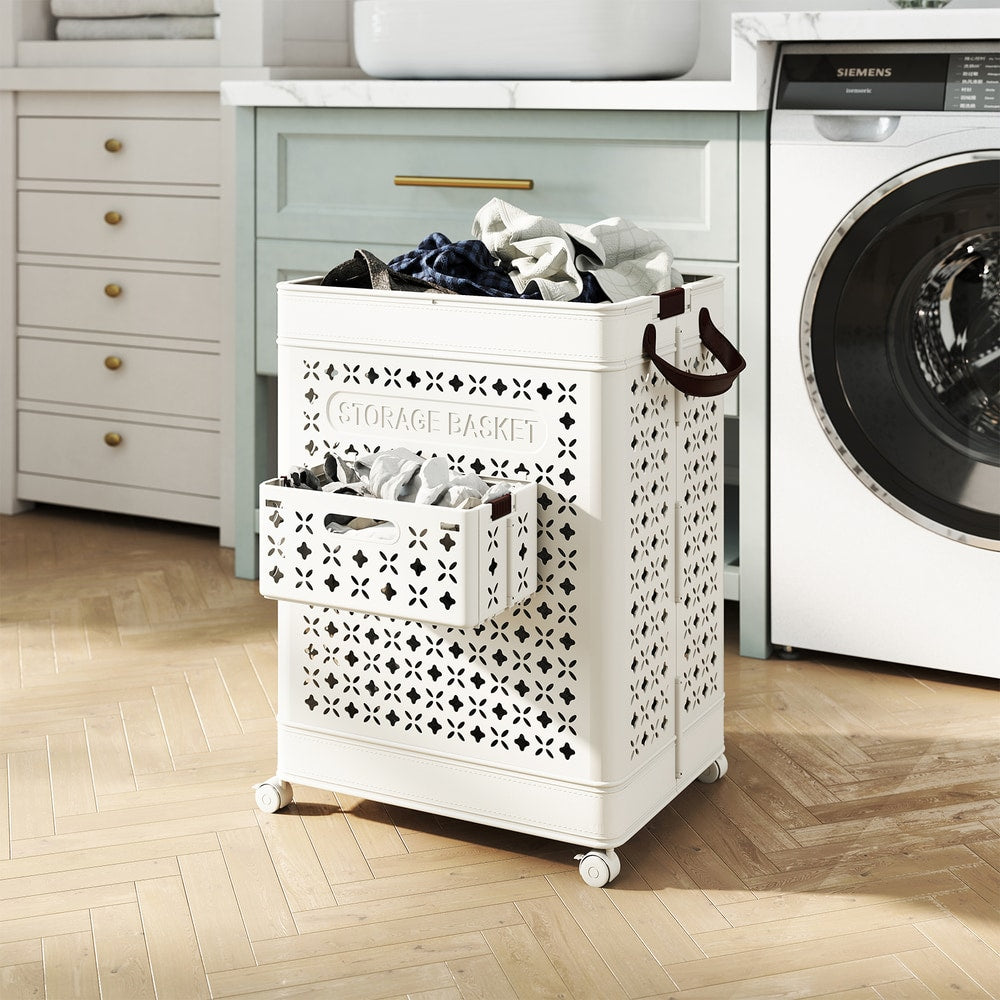 The laundry basket standing in a utility room next to a washing machine filled with clothes