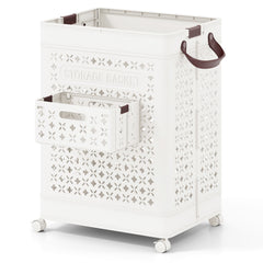 The laundry basket featuring a small detachable storage compartment and brown carry handles