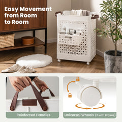 The laundry basket shown with close-up details of the reinforced handles and locking wheels