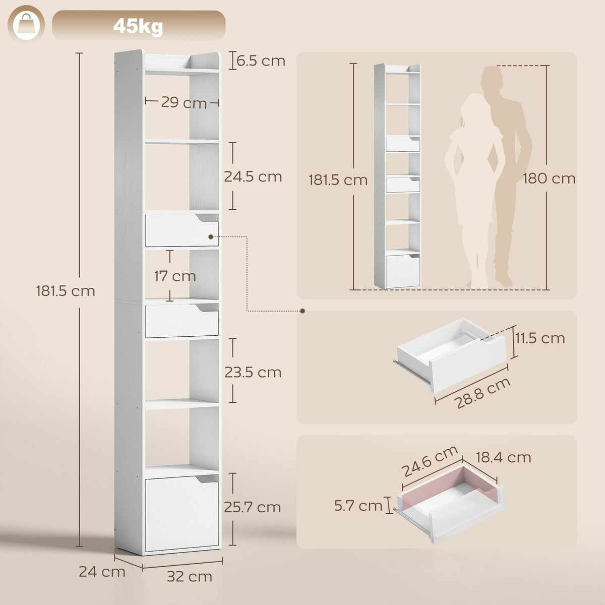 HOMCOM Bookcase Tall Narrow with 5 Tiers and Drawers Freestanding Bookshelf Storage Cabinet for Living Room White Wood Effect