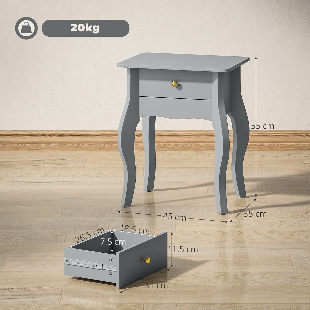 HOMCOM French Style Side Table with Drawer - Grey