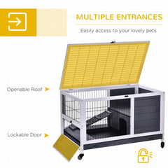 PawHut Wooden Guinea Pig Hutch, 2-Floor Bunny Cage w/ Enclosed Run Area, Grey