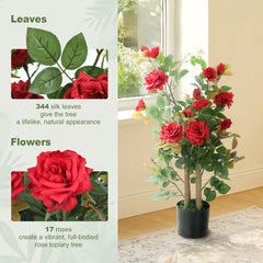 HOMCOM 90cm Artificial Rose Tree, Decorative Fake Plant with 344 Silk Leaves 17 Flowers for Outdoor Indoor Decor, Red
