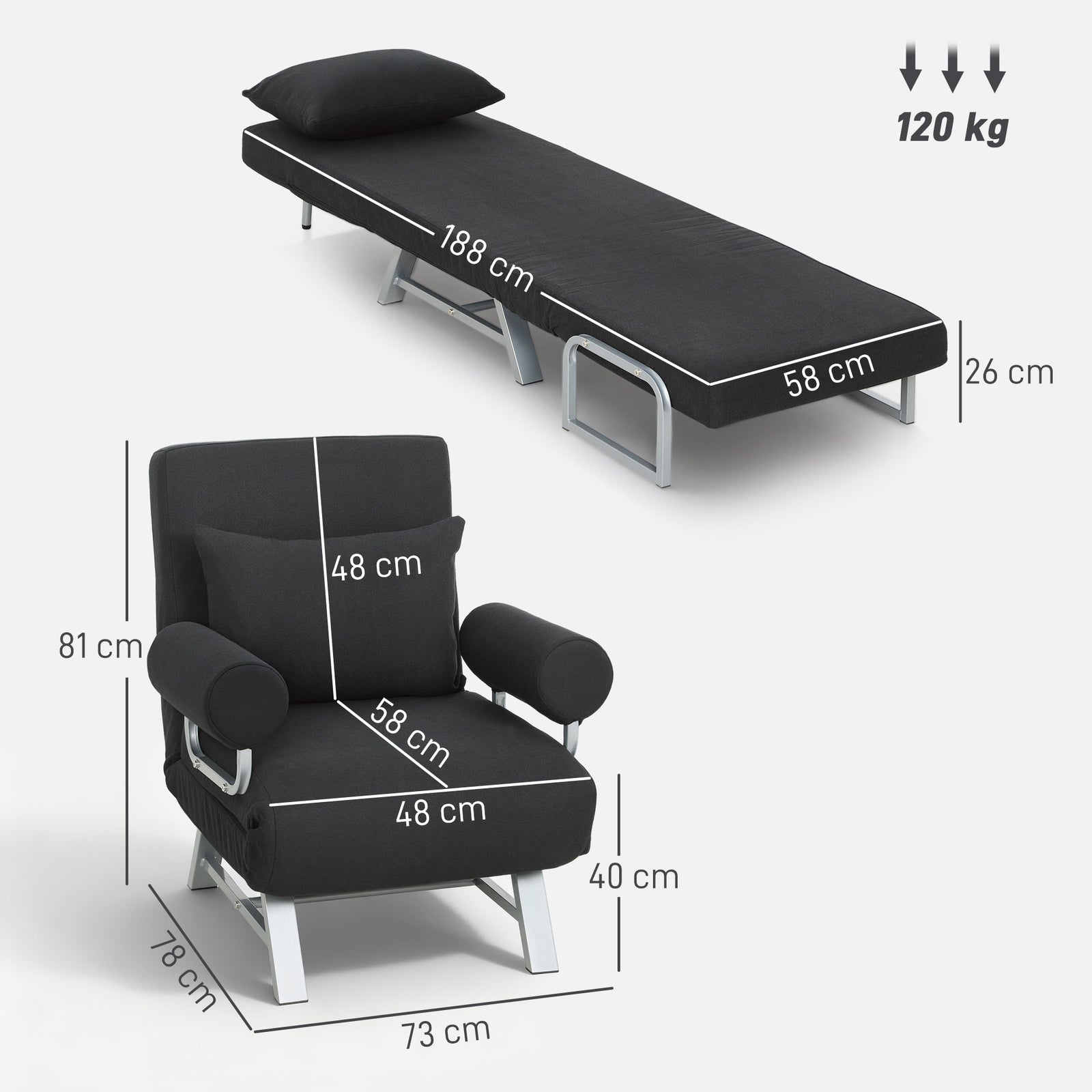 HOMCOM Single Sofa Bed, 3-in-1 Convertible Folding Chair Bed with Adjustable Backrest, Removable Armrests, Black