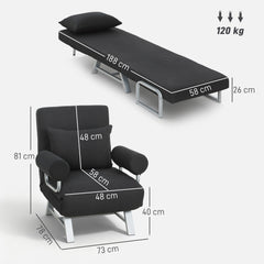 HOMCOM Single Sofa Bed, 3-in-1 Convertible Folding Chair Bed with Adjustable Backrest, Removable Armrests, Black