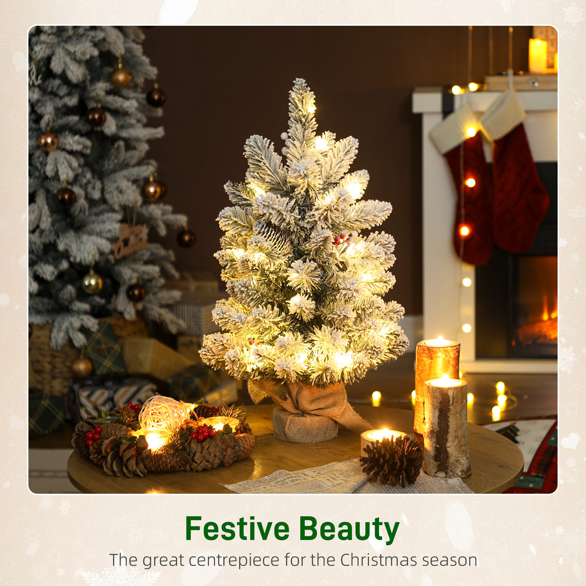 HOMCOM 60 cm Prelit Small Christmas Tree with 35 LED Lights, Snow Flocked Tabletop Mini Xmas Tree with 72 Dense Branches, Pine Cones, Berry Clusters and Linen Cover Base, Battery Operated, Green