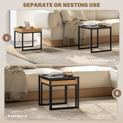 The coffee tables are shown nested together and separated for different uses