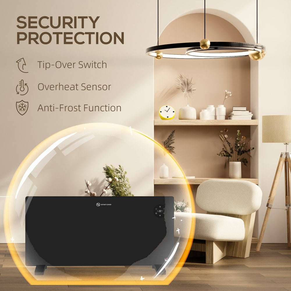 Black electric convector heater with text about security protection and safety features