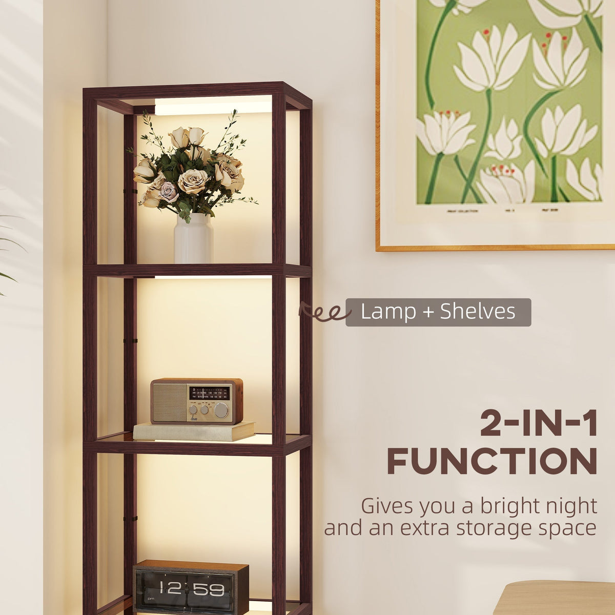 HOMCOM LED Floor Lamp with Glass Shelves, 4 Layers Dimmable Tall Standing Lamp, Modern Column Shelf Floor Light for Living Room, Bedroom, Office, Dark Brown