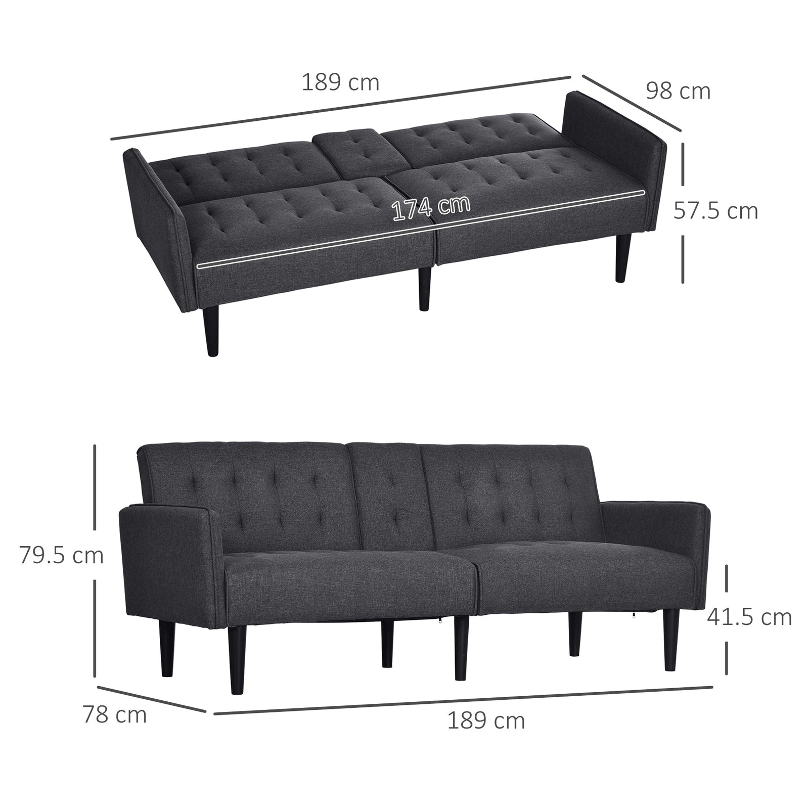 HOMCOM Three-Seater Sofa Bed, with Cupholders - Grey - product image 3