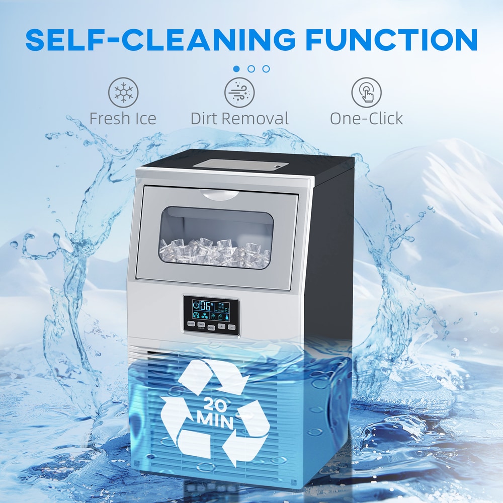 The ice maker has a self-cleaning function with ice cubes splashing