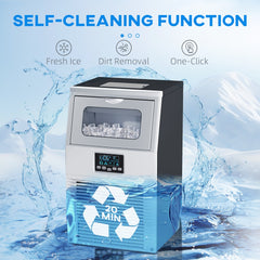 The ice maker has a self-cleaning function with ice cubes splashing