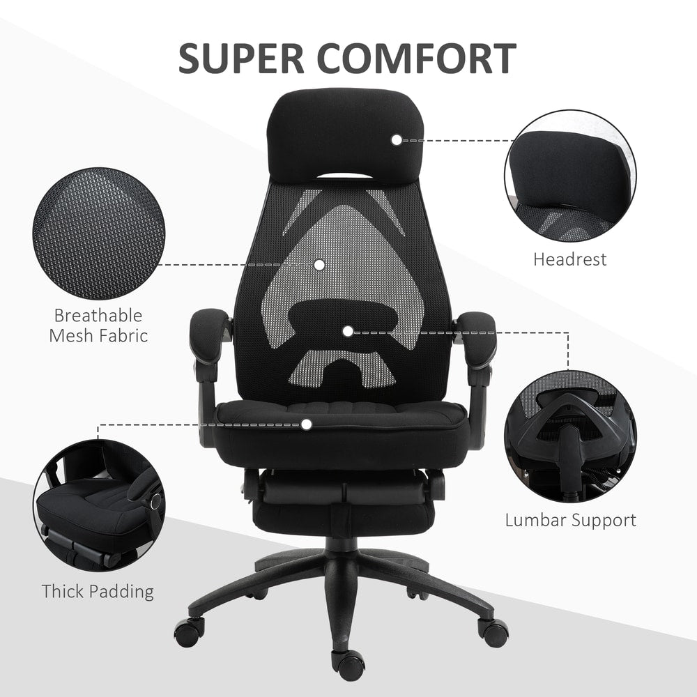 The office chair showing close-up details of the mesh fabric and headrest