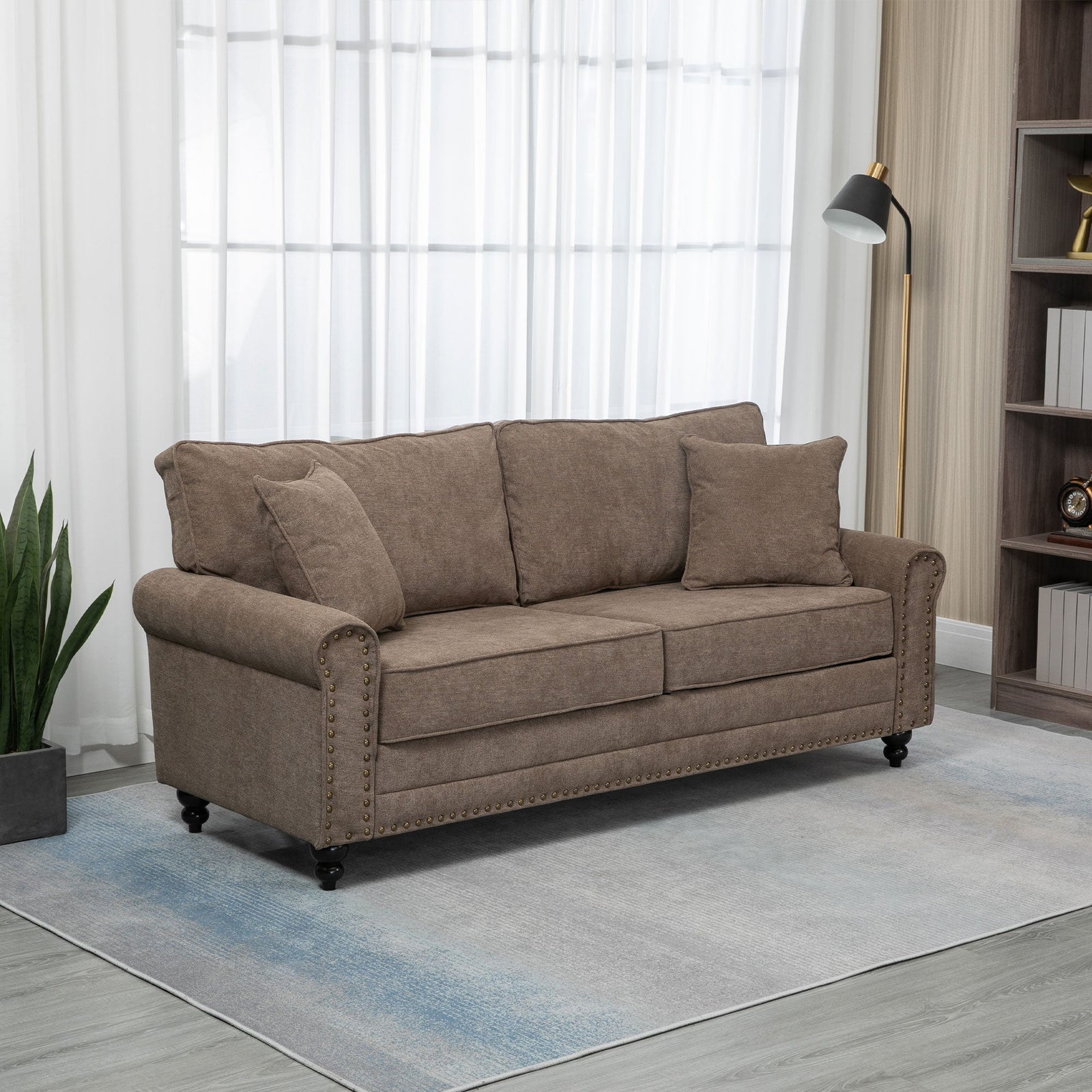 HOMCOM 196cm 3 Seater Sofa, Fabric Sofa with Rubber Wood Legs, Nailhead Trim, 2 Pillows, Small Upholstered Couch Settee for Living Room, Guest Room, Brown