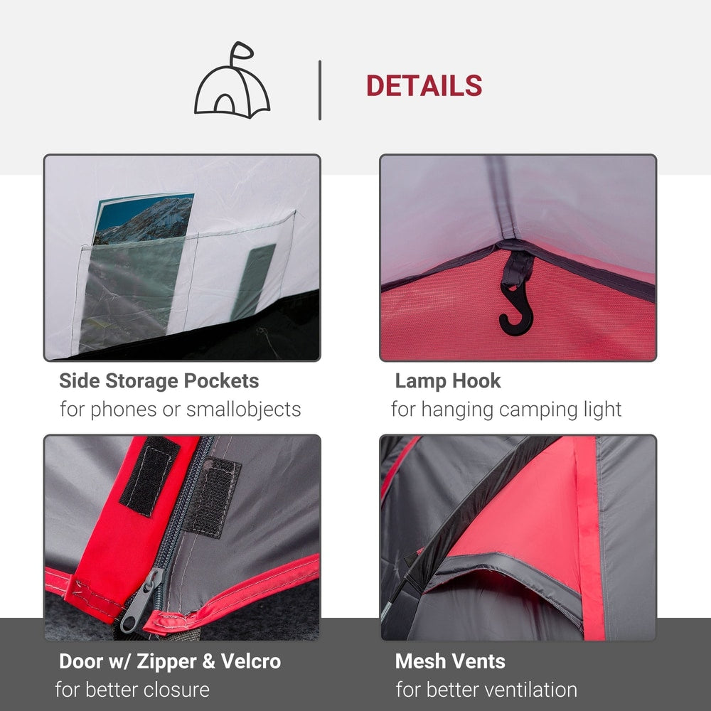 Close up of the camping tent showing storage pockets, a lamp hook, mesh vents and a zipped door