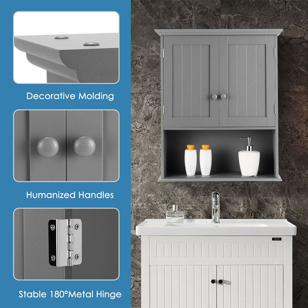 Close up of the grey wall cabinet showing decorative molding, handles and hinges