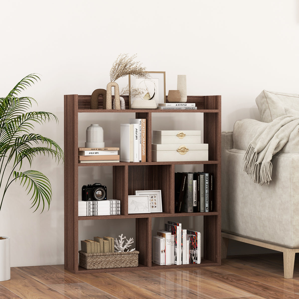 7 Cubes Open-back Bookshelf Home Storage Display Shelf-Walnut