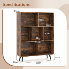 The bookcase with white arrows and text indicating the dimensions of the storage unit