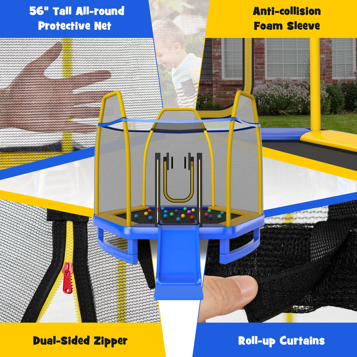 7 Feet Hexagonal Trampoline with Slide and Safety Enclosure Net-Blue