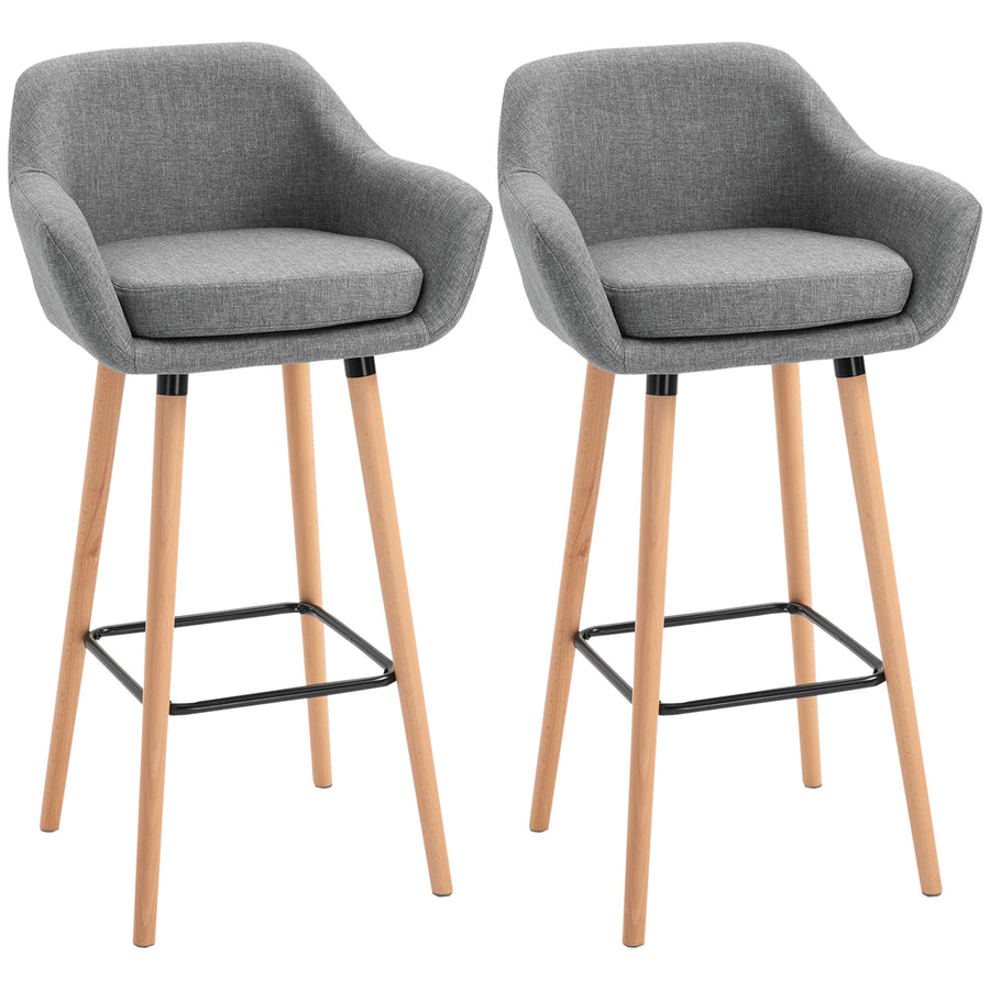 HOMCOM Set of 2 Bar Stools Modern Upholstered Seat Bar Chairs w/ Metal Frame, Solid Wood Legs Living Room Dining Room Fabric