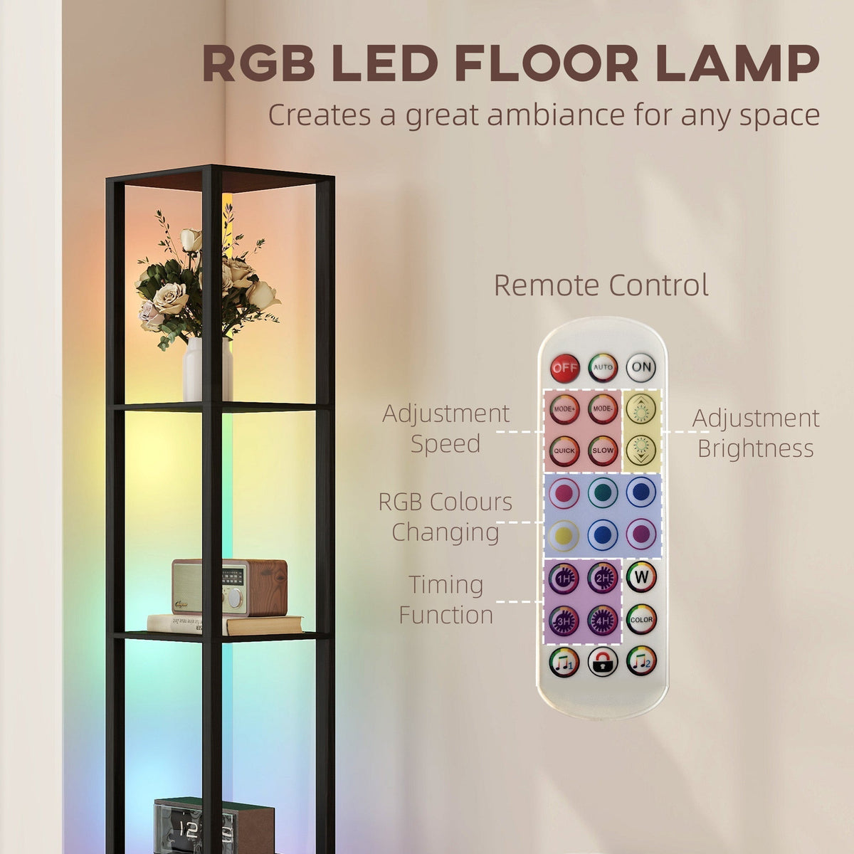 HOMCOM RGB LED Floor Lamp with Shelves, Modern Dimmable Standing Lamp with Remote Control, Adjustable Brightness & Speed for Living Room, Bedroom, Office, Black