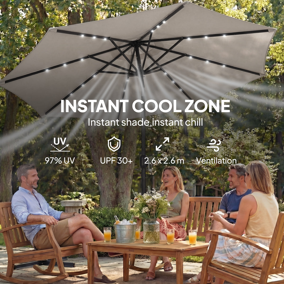 Outsunny 2.6 m Garden Parasol Umbrella with LED Solar Light, Parasol Cover, Outdoor Market Patio Umbrella, Light Grey