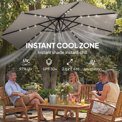 Outsunny 2.6 m Garden Parasol Umbrella with LED Solar Light, Parasol Cover, Outdoor Market Patio Umbrella, Light Grey
