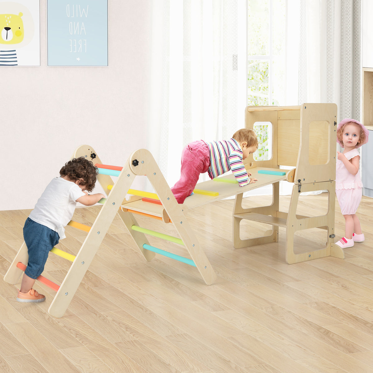 7-in-1 Toddler Climbing Toy Set Folding with Step Stool Ages 3-14 Years Old-Colourful