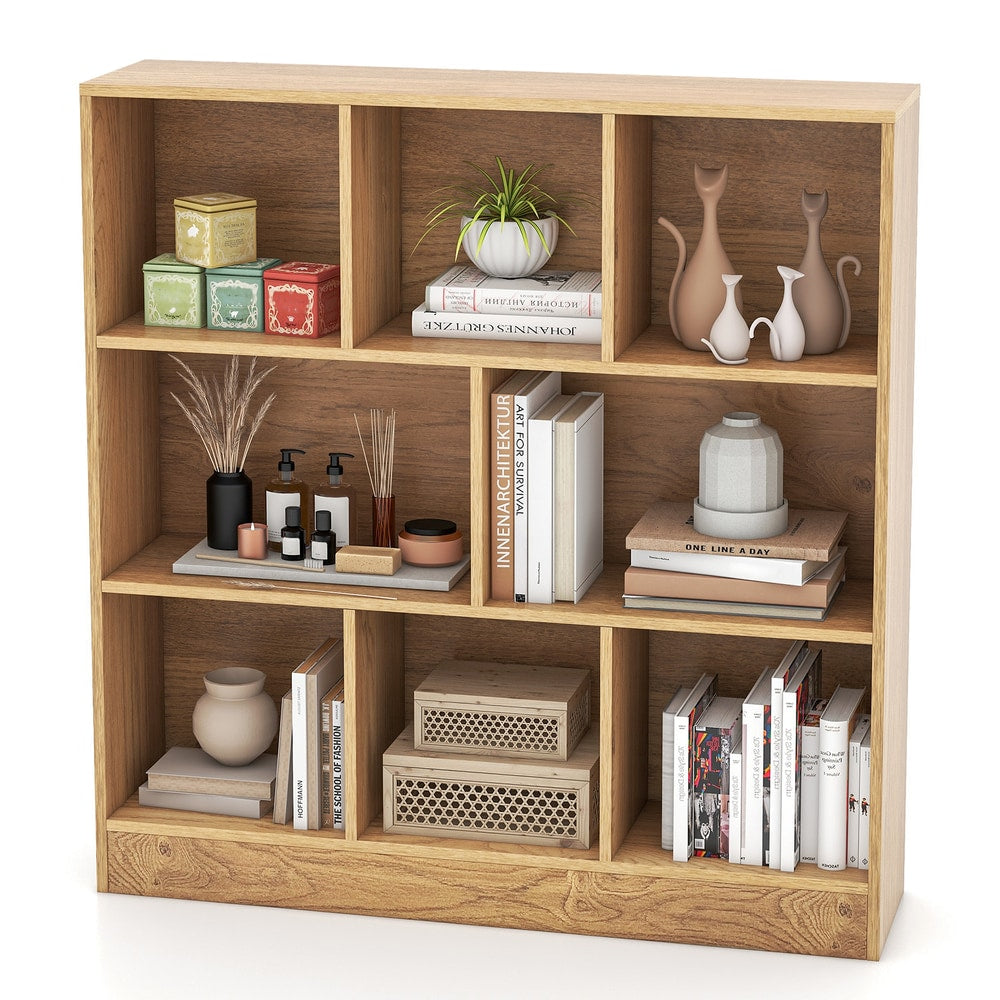 8-Cube Bookshelf, the bookcase styled with books, vases, and small boxes on its various shelves