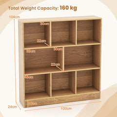 8-Cube Bookshelf, the bookcase with orange text overlays showing the dimensions of the storage units