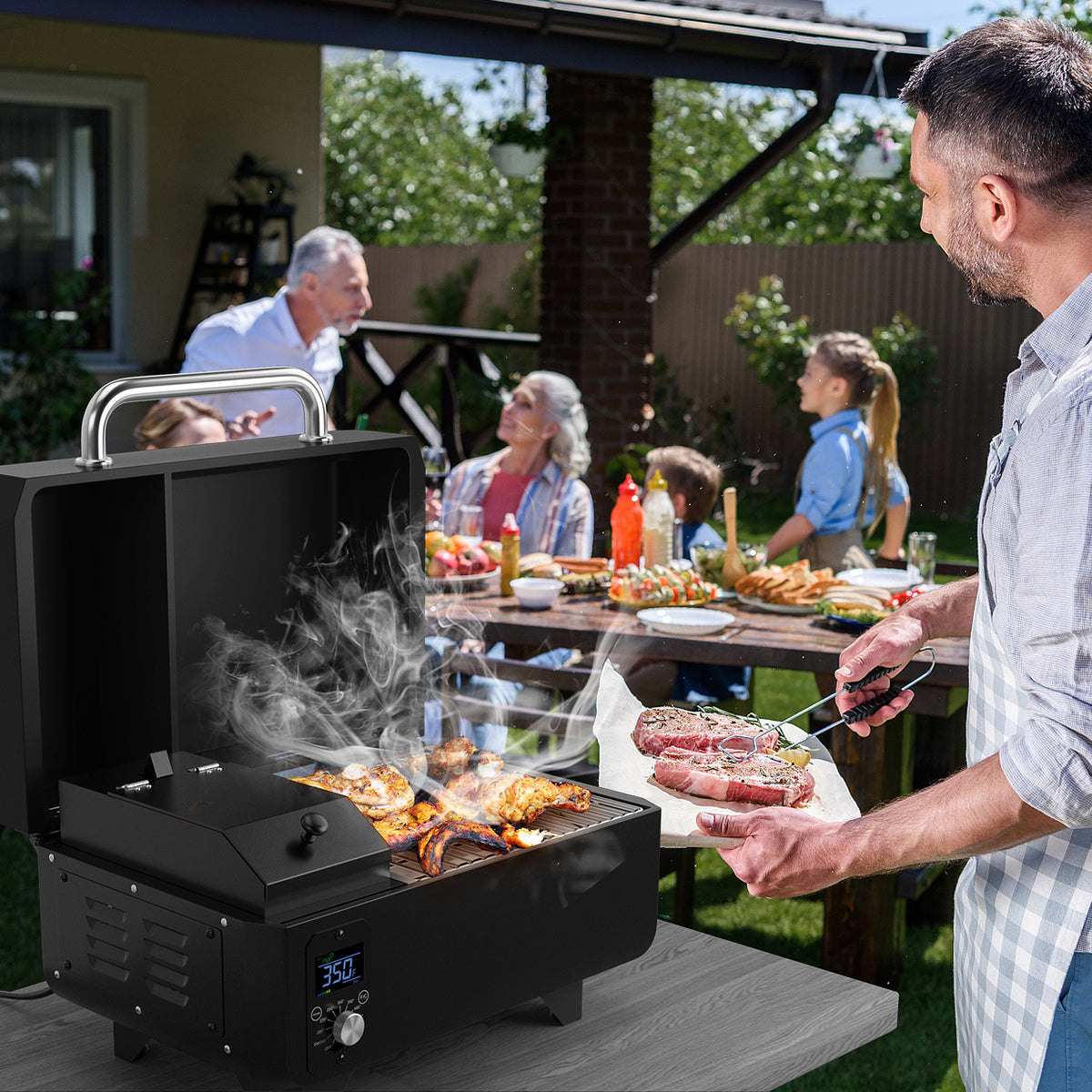 8-in-1 Portable Pellet Grill with Digital Control and Meat Probe for Backyard-Black